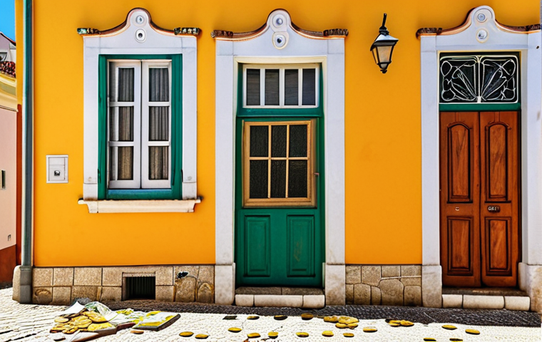 **
Prompt: "Charming Portuguese house facade with a 'For Sale' sign, calculator, and euro coins scattered nearby, sunny day, representing IMT tax calculations, traditional architecture, warm colors."
**