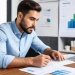 근로소득 원천징수 신고 - A focused young adult, dressed in smart-casual attire, sits at a modern desk in a light-filled Portu...