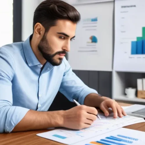 근로소득 원천징수 신고 - A focused young adult, dressed in smart-casual attire, sits at a modern desk in a light-filled Portu...