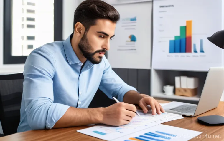 근로소득 원천징수 신고 - A focused young adult, dressed in smart-casual attire, sits at a modern desk in a light-filled Portu...