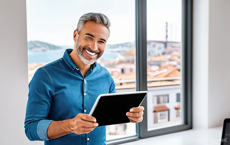 근로소득 원천징수 신고 - A focused young adult, dressed in smart-casual attire, sits at a modern desk in a light-filled Portu...