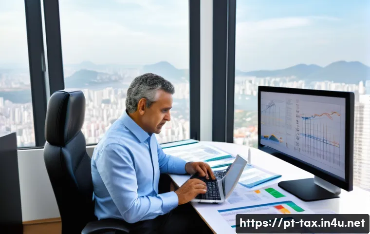 사업소득과 근로소득 차이 - A professional Brazilian office scene showing a middle-aged man in business casual attire sitting at...
