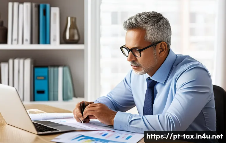 소득공제 가능한 보험 - A professional Brazilian middle-aged man sitting at a modern home office desk, reviewing life insura...