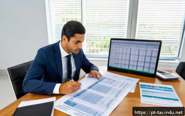 대출 이자 세액공제 - A professional Brazilian taxpayer sitting at a modern desk in a home office, carefully reviewing fin...
